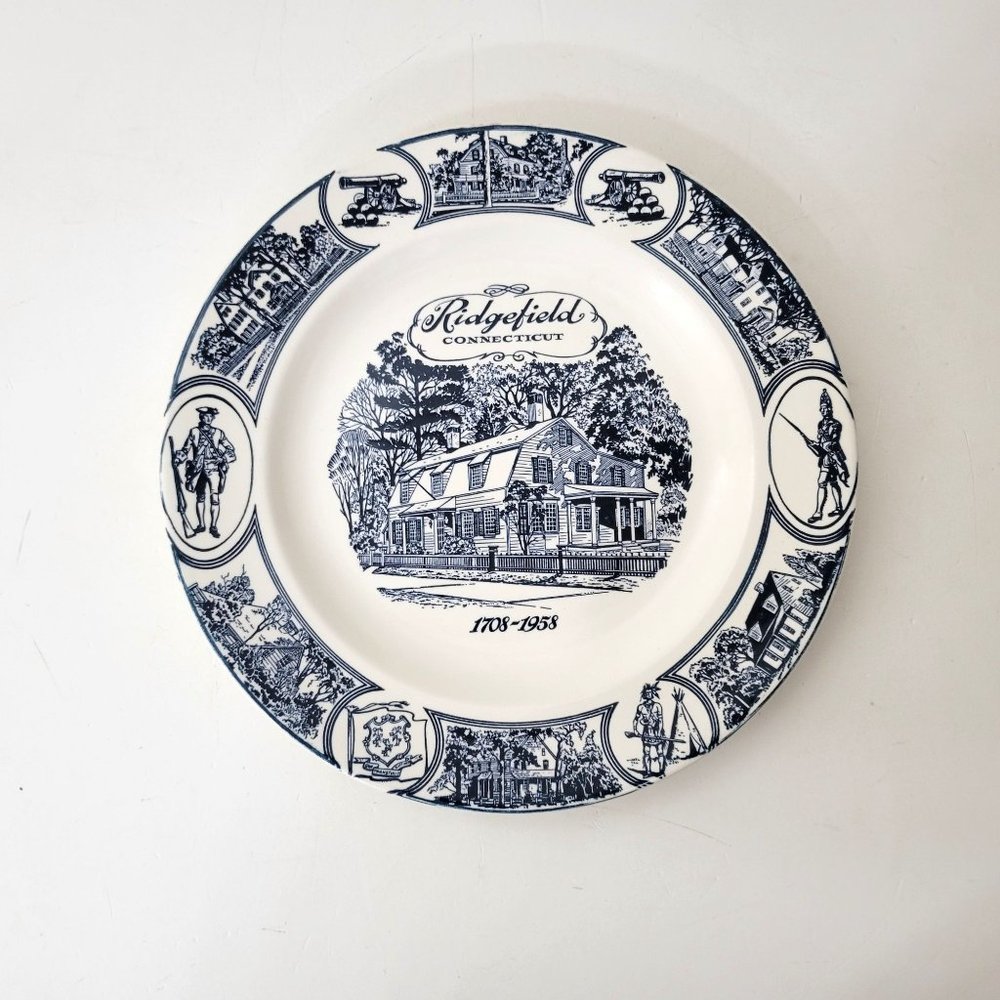 Ridgefield Connecticut 250 Anniversary Blue and White Plate 1958